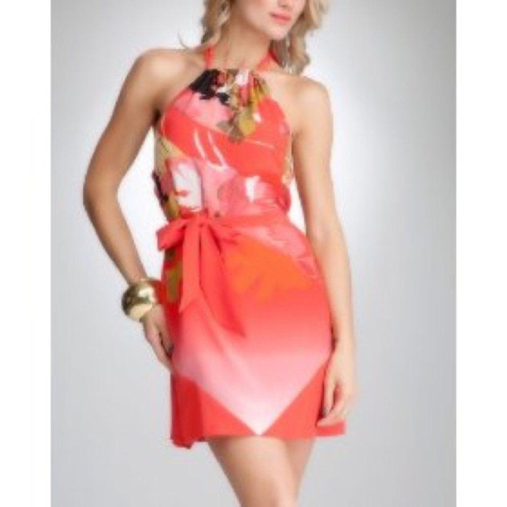 BEBE Small Silk Tropical Halter Dress Red Orange